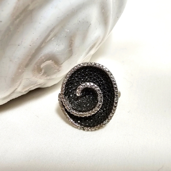 Black Spinel Swirl Ring | Sterling Silver Statement Ring | Size 8 - Picture 1 of 3